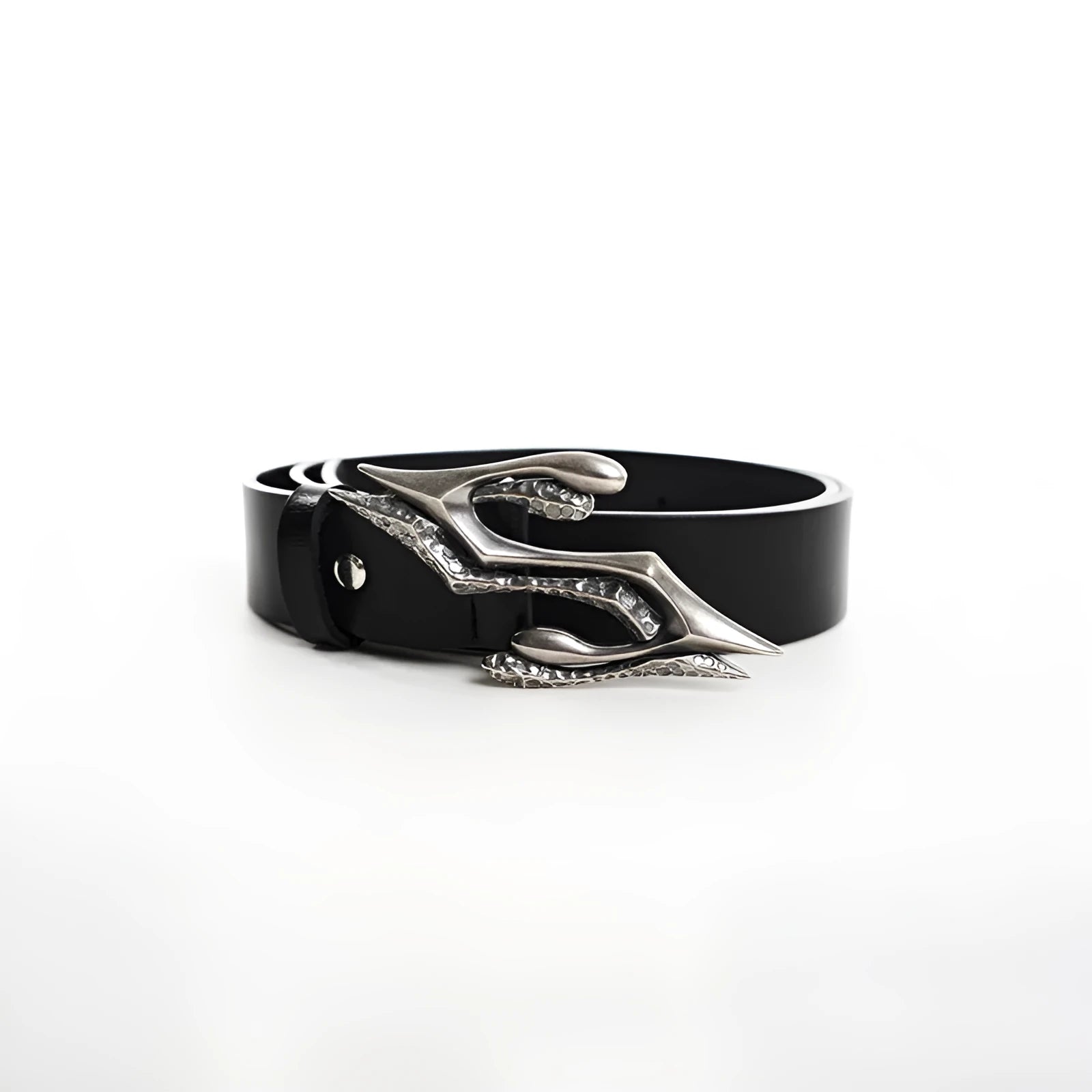 Black two-layer cowhide leather men's belt with metal letter buckle showing 110cm length