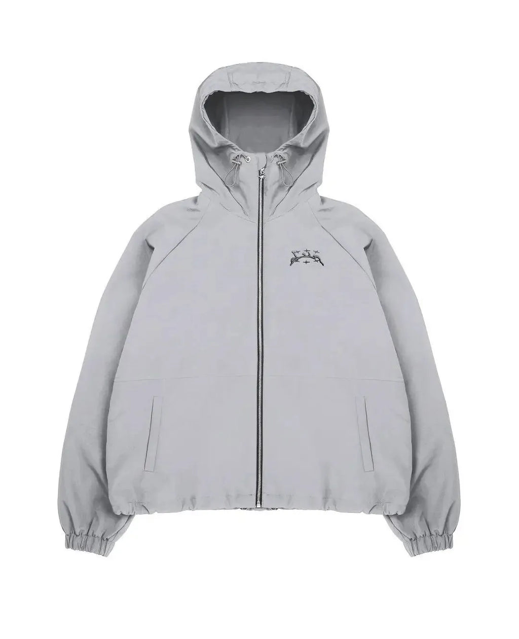 Men's grey loose fit hooded sunscreen jacket with UK styling on mannequin