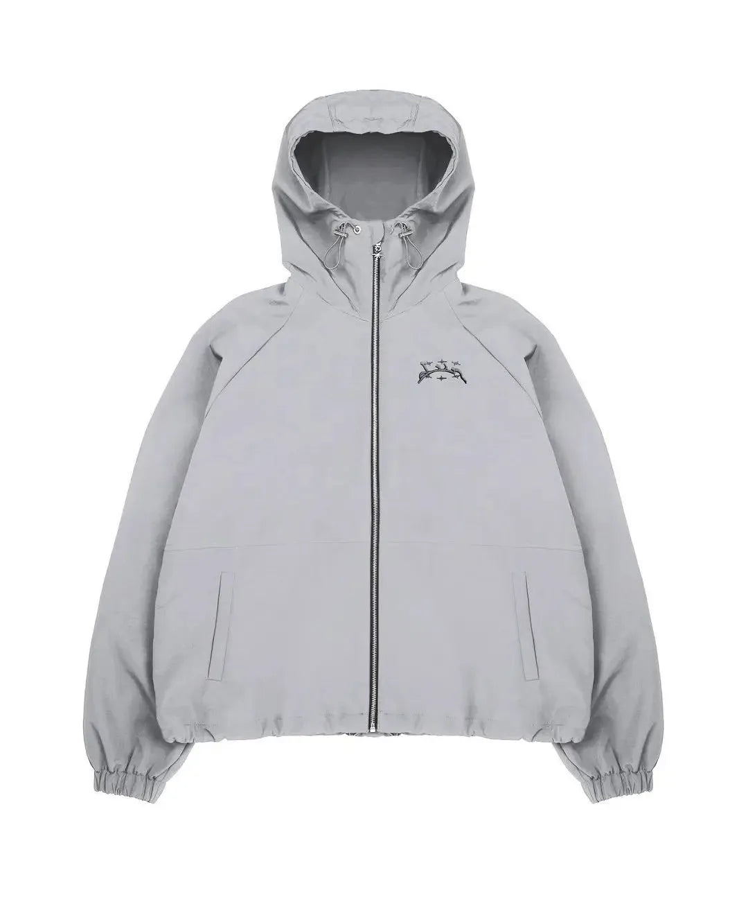 Men's grey loose fit hooded sunscreen jacket with UK styling on mannequin