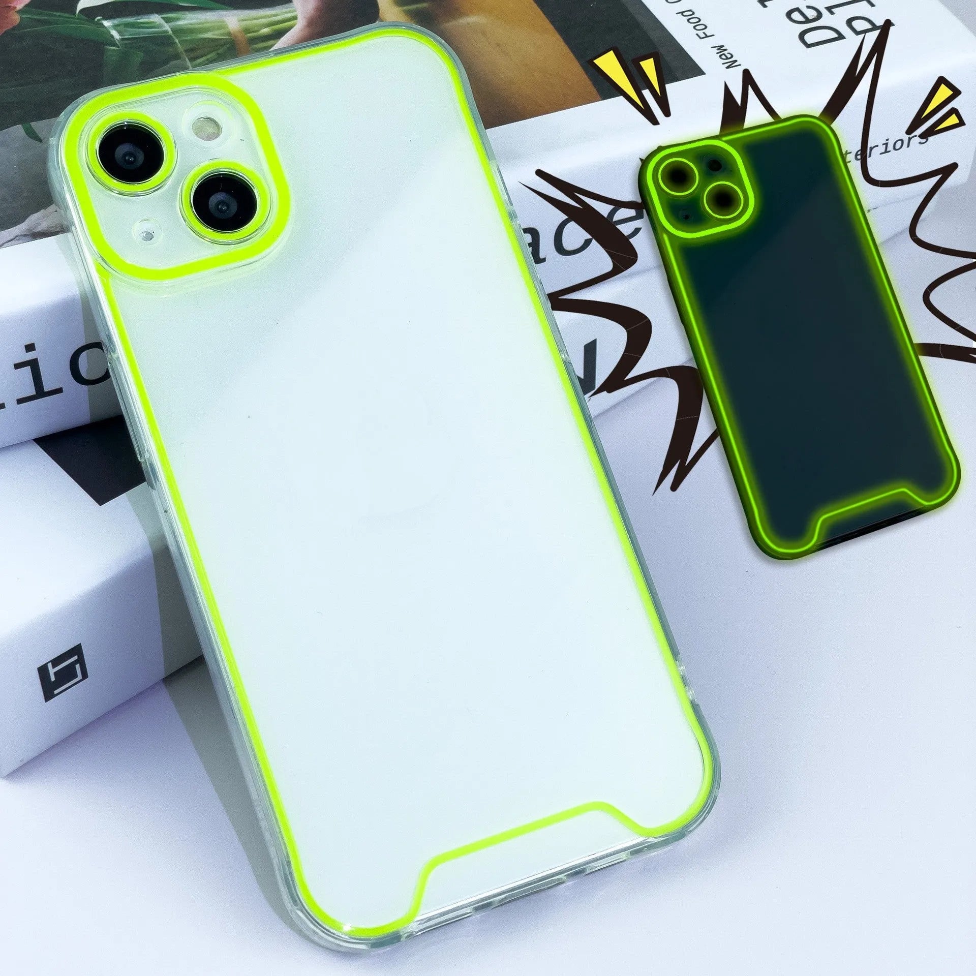 Glow in the dark soft TPU phone case for iPhone, shown in multiple colours including green, orange, and blue.