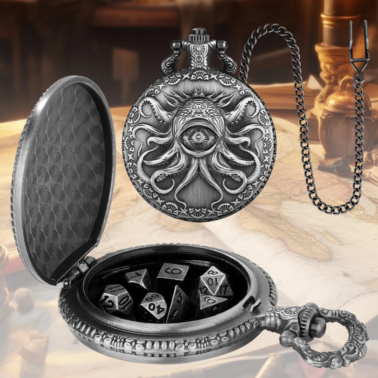 Steampunk cyclops octopus dice set in bronze finish inside metal storage box