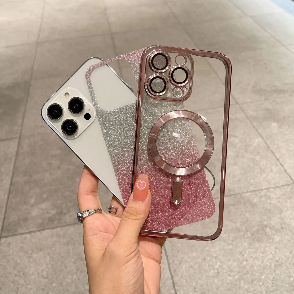 Electroplating magnetic mobile phone protective cover for Apple iPhone showing front and back with reflective finish and cutouts