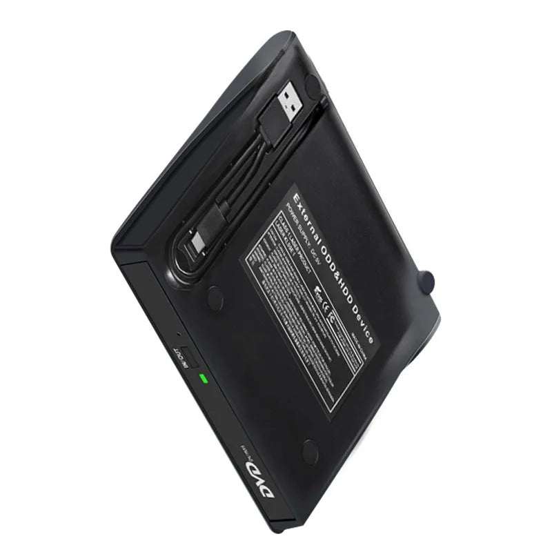 External USB Type-C CD DVD burner drive in black, compact size for laptop use