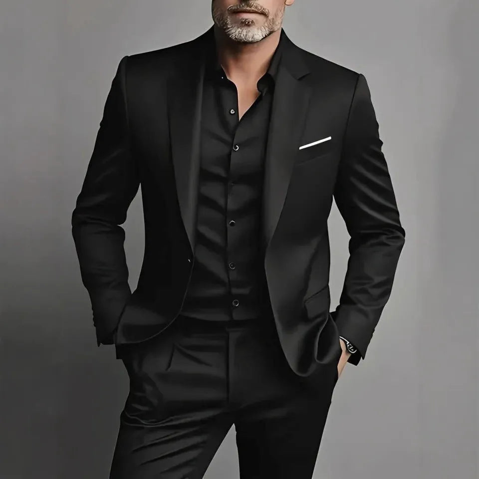 Men's slim fit two-piece cotton blend suit set in black, coat and trousers on hanger