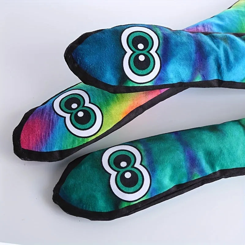 Snake-shaped plush dog squeak toy with printed stripes in multiple colour options