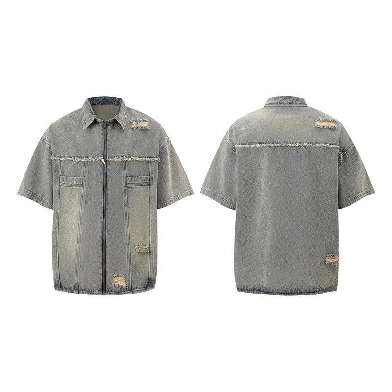 Denim overall suit set with short sleeve top and trousers in street fashion style