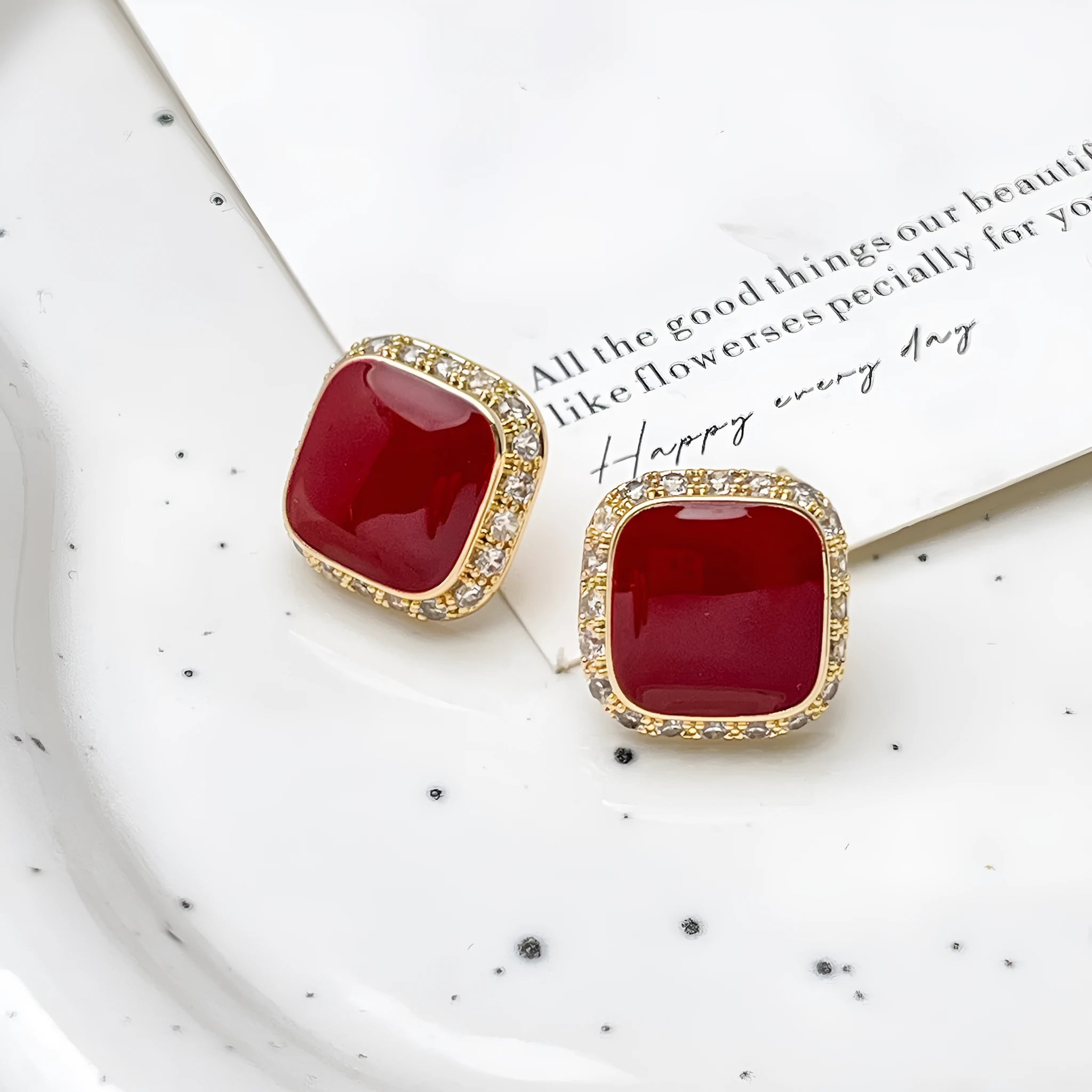 Red square geometric earrings with inlaid design on alloy base