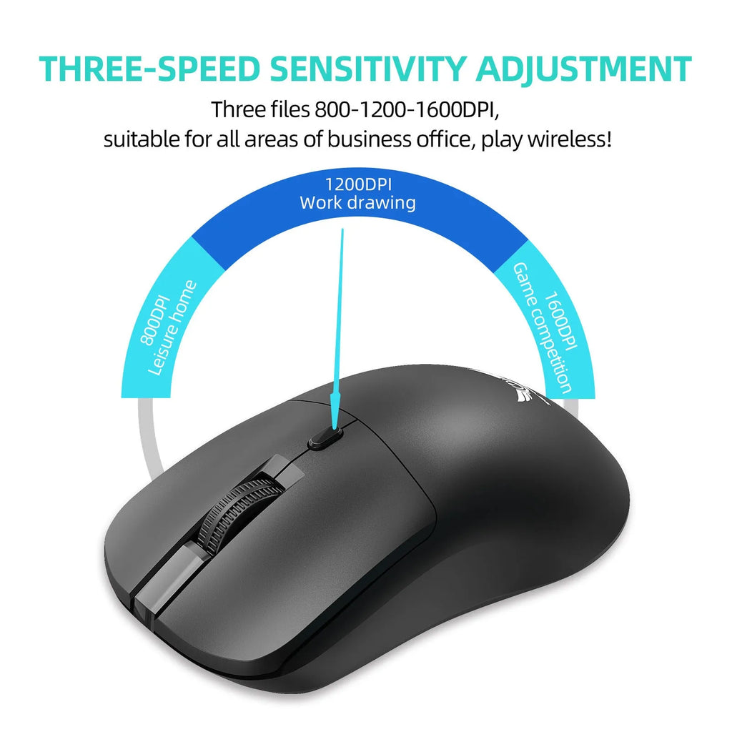 Black wireless mouse with three programmable audio buttons for laptop computers