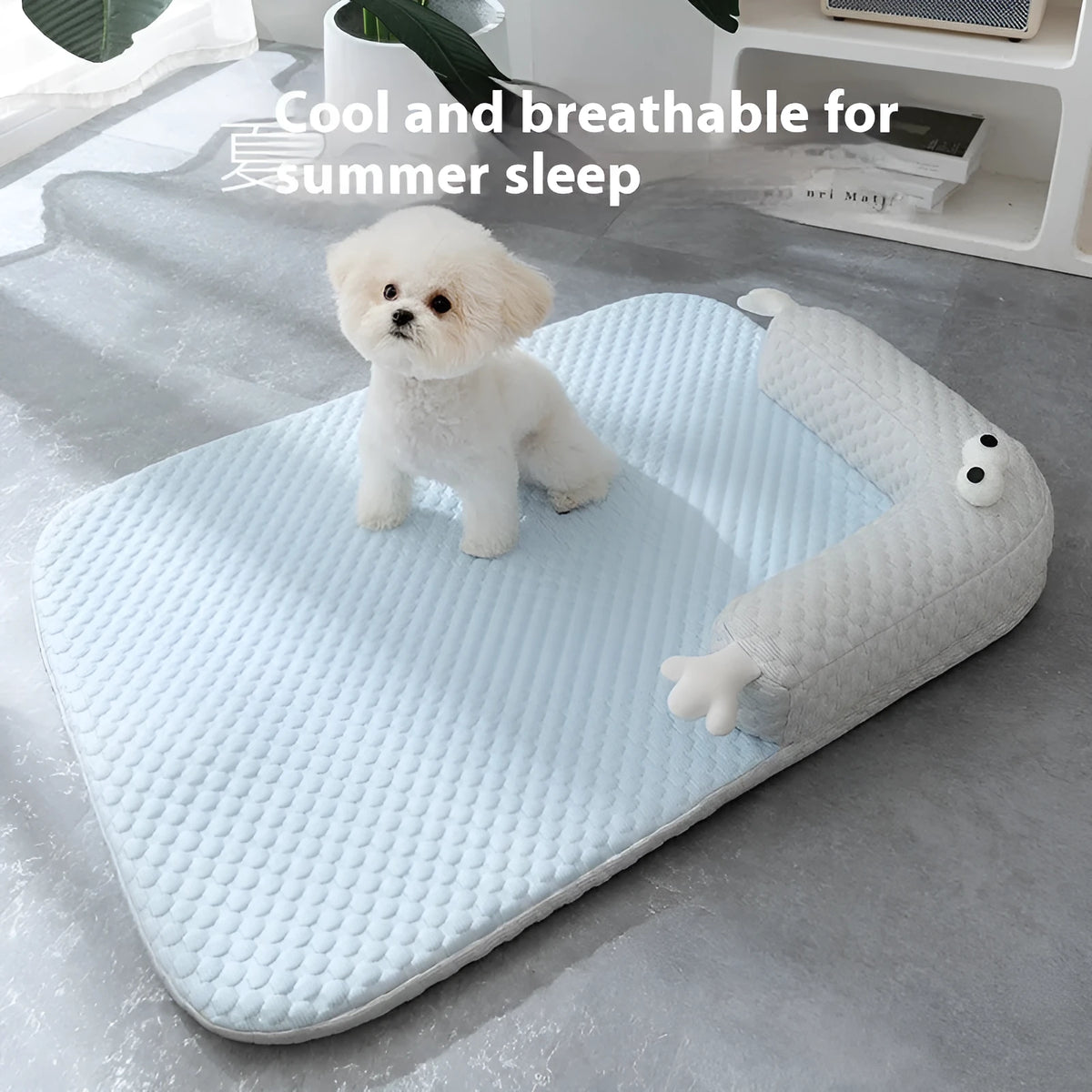 Cool feeling breathable PP cotton dog mat in blue monster design, sizes S to XXL, for dogs and cats