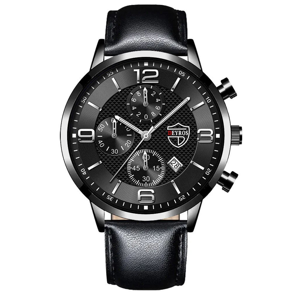 Men's calendar quartz watch with round alloy case, mineral glass mirror, black dial, and black strap