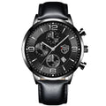 Men's calendar quartz watch with round alloy case, mineral glass mirror, black dial, and black strap