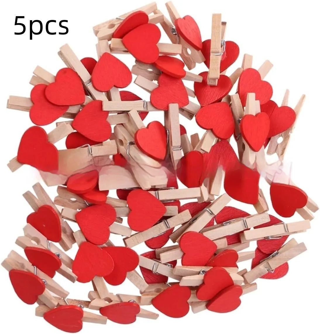 Set of five wooden heart-shaped clips in red, white, pink, yellow, and rose red colours.