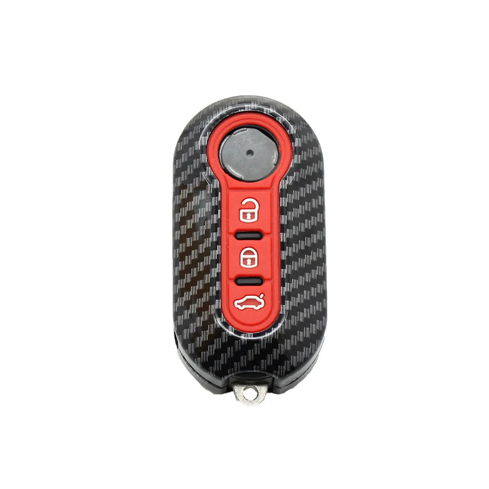 Fiat 500 FYT model car remote key replacement shell in ABS plastic, shown in black, red, and dark blue colour options.
