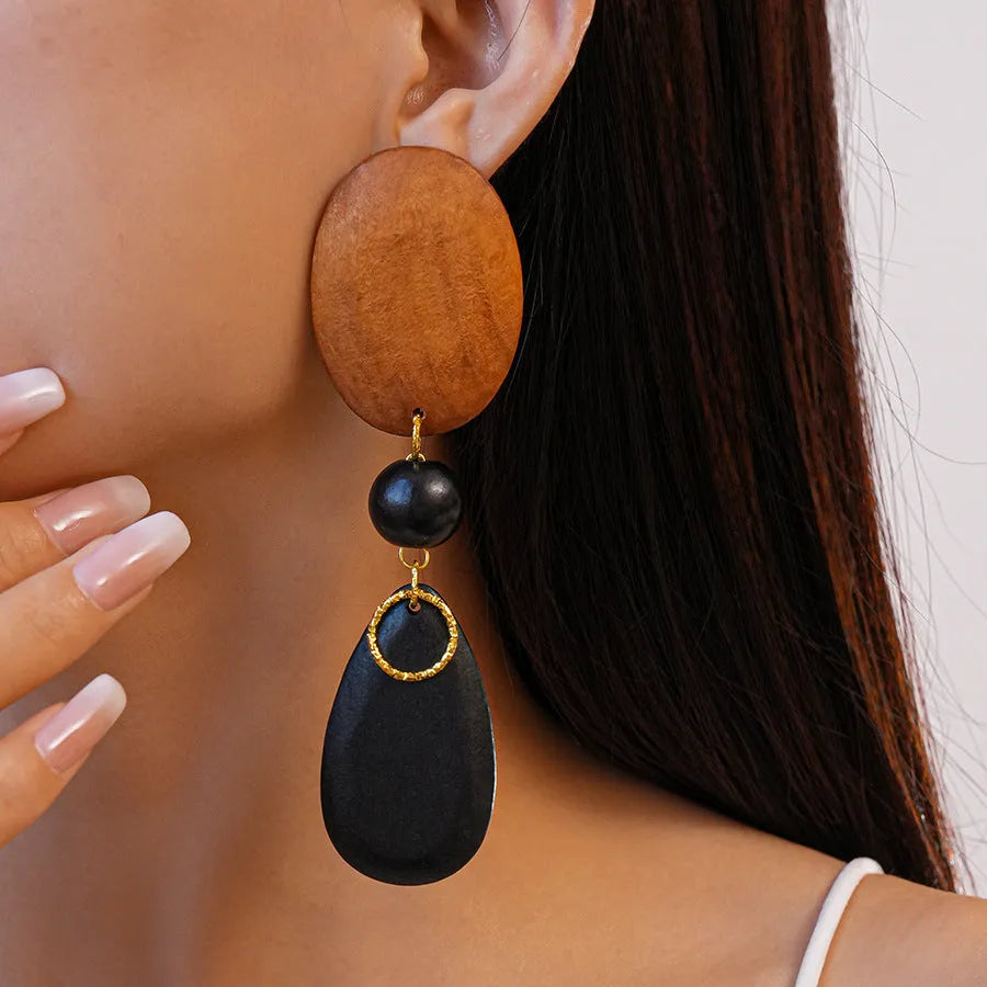 Handmade wooden ellipse earrings in silver needle-brown-black colour with European-American styling