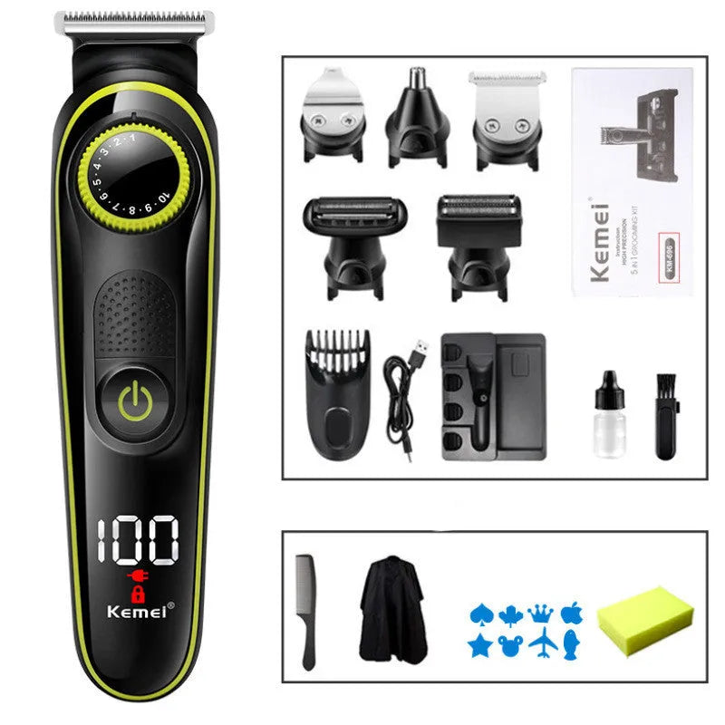 Black KM-696 household rechargeable electric hair clipper set with USB cable, grinding head, and cleaning brush.