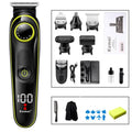 Black KM-696 household rechargeable electric hair clipper set with USB cable, grinding head, and cleaning brush.