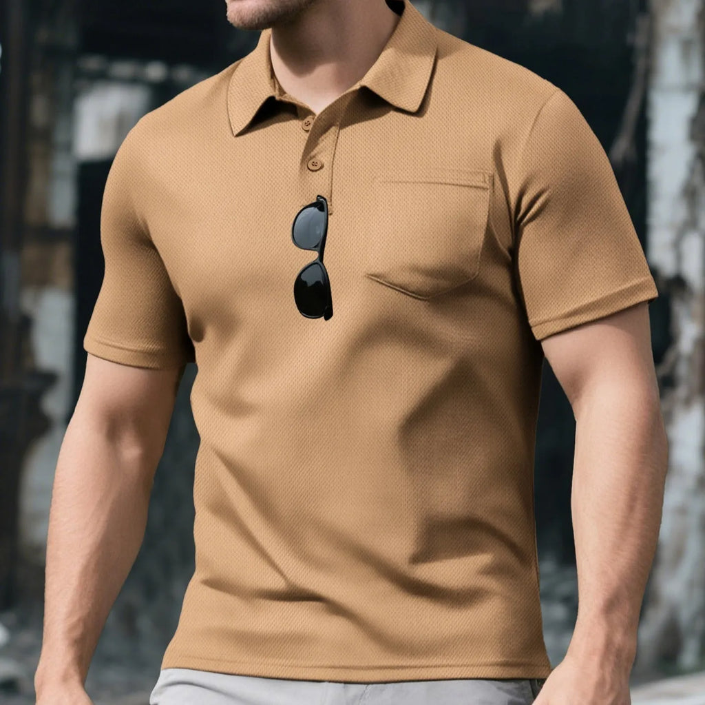 Men's loose short sleeve lapel sport casual top in solid colour, 100% polyester, available in black, white, navy blue, sky blue, khaki, wine red, light gray