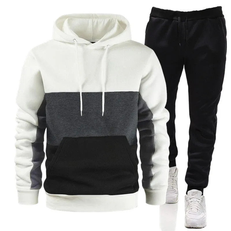 Men's colour block hoodie sportswear suit with long-sleeve top and trousers in cotton, six colours