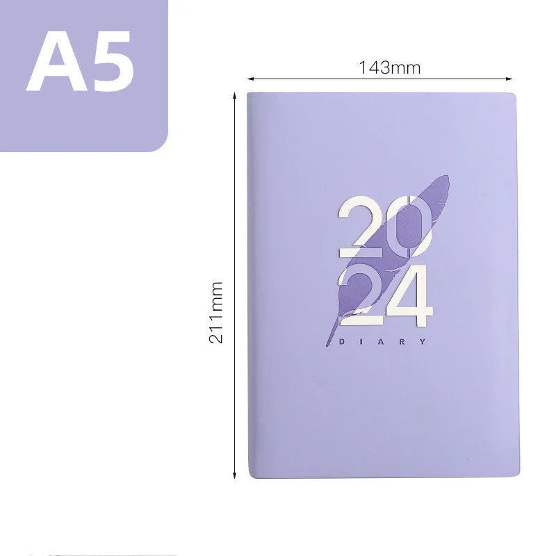 2024 English daily planner with imitation leather cover in blue, A5 size, open to a daily schedule page