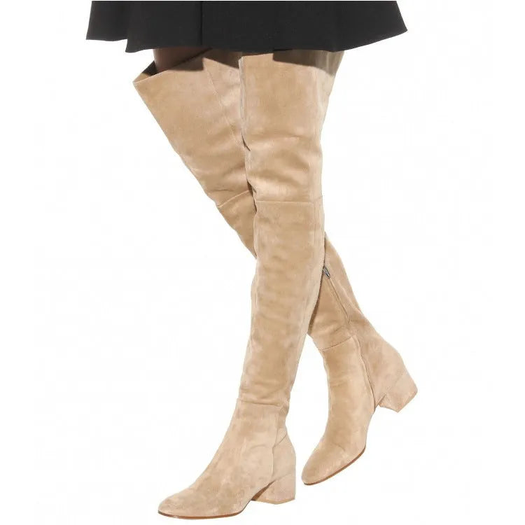 Grey suede women's flat over the knee boots with a pointed toe and low thick heel.