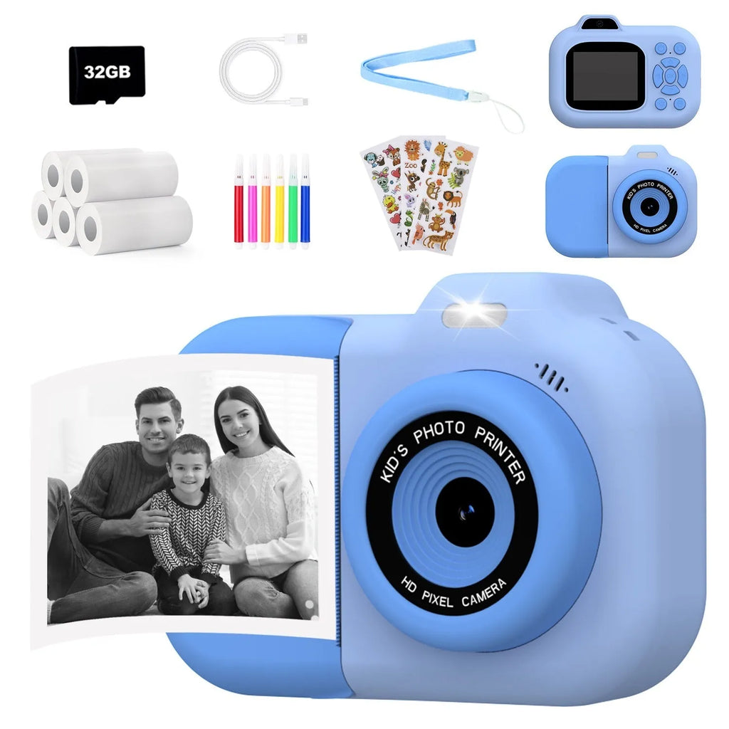 Children's toy camera for video and photos in blue, pink, or purple plastic with games and sticker functions.