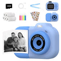 Children's toy camera for video and photos in blue, pink, or purple plastic with games and sticker functions.