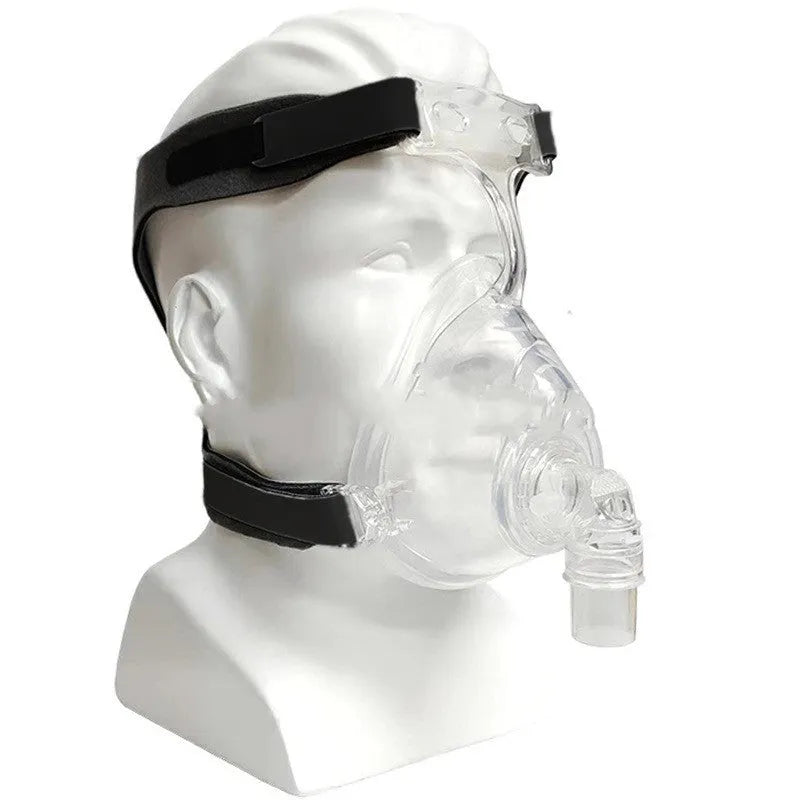 Transparent CPAP breathing mask set with headband and adapter elbows for ventilator connection