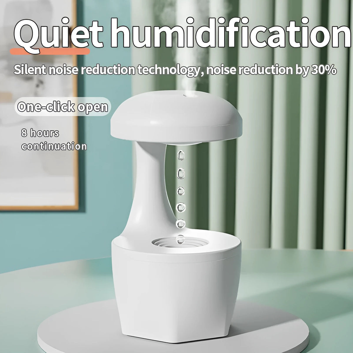 White portable 800ml anti gravity USB cool mist aromatherapy humidifier on a bedside table with water droplet effect visible