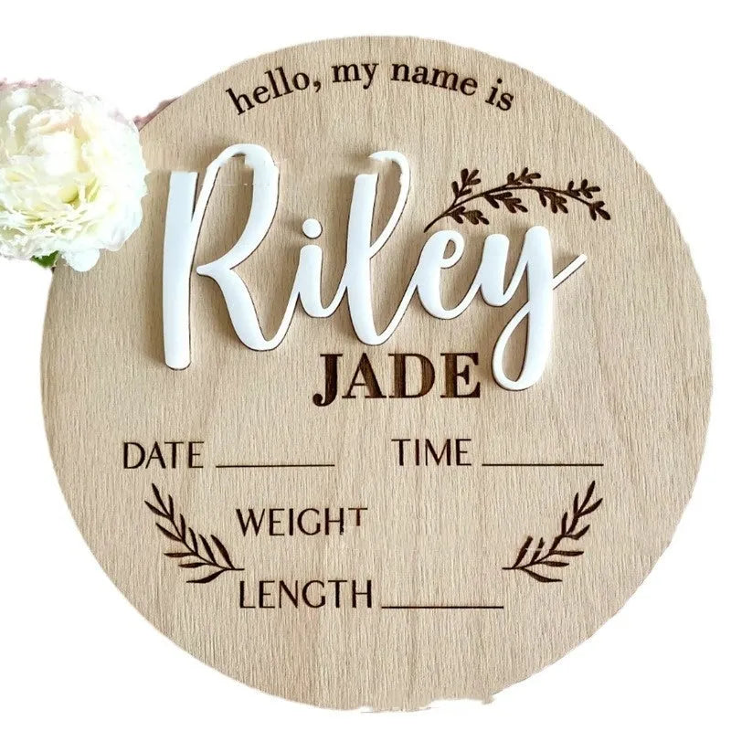Personalised wooden newborn surname sign with birth information, 15x15cm square plywood nursery decor