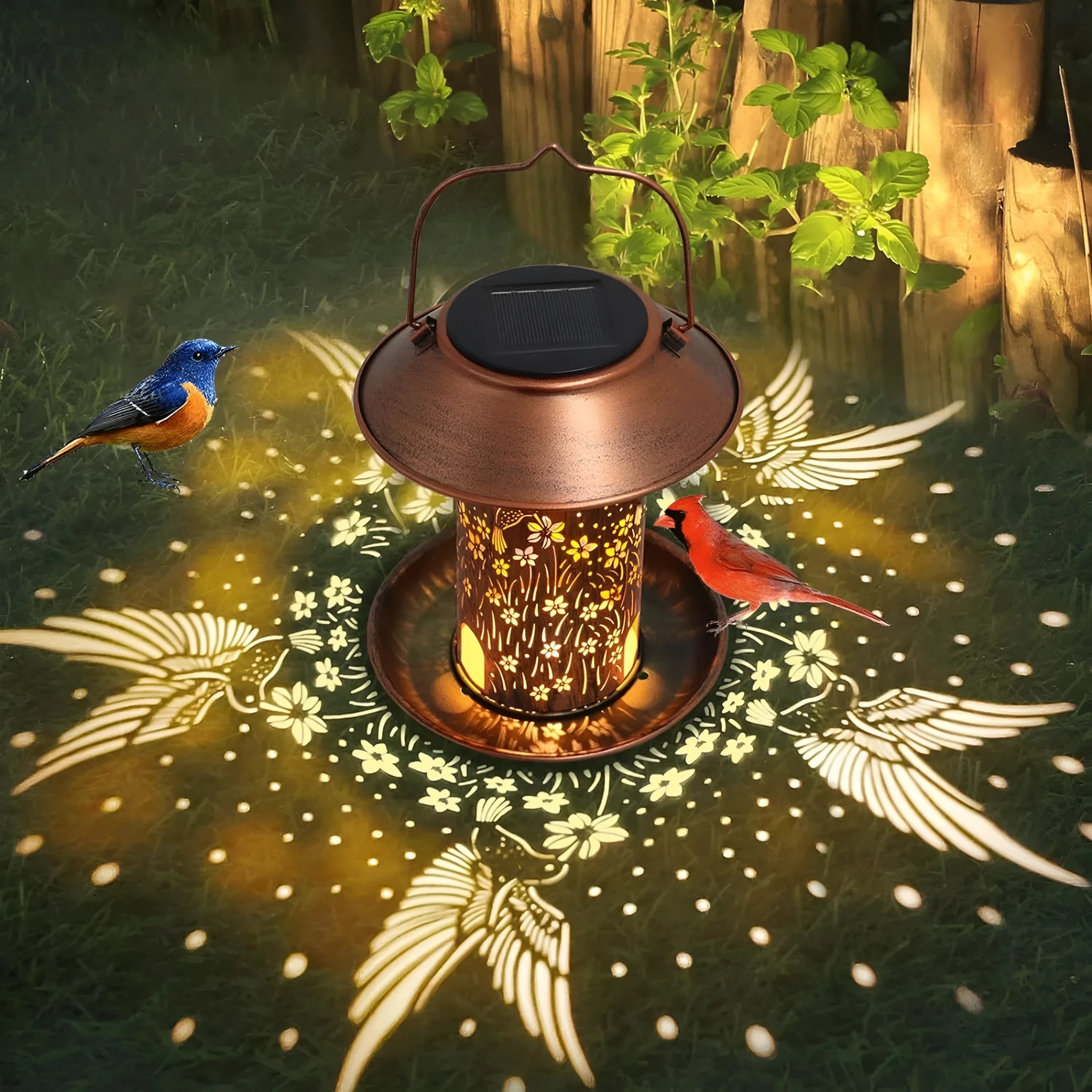 Solar-powered iron art bird feeder with hummingbird pattern, functioning as an outdoor garden lamp.