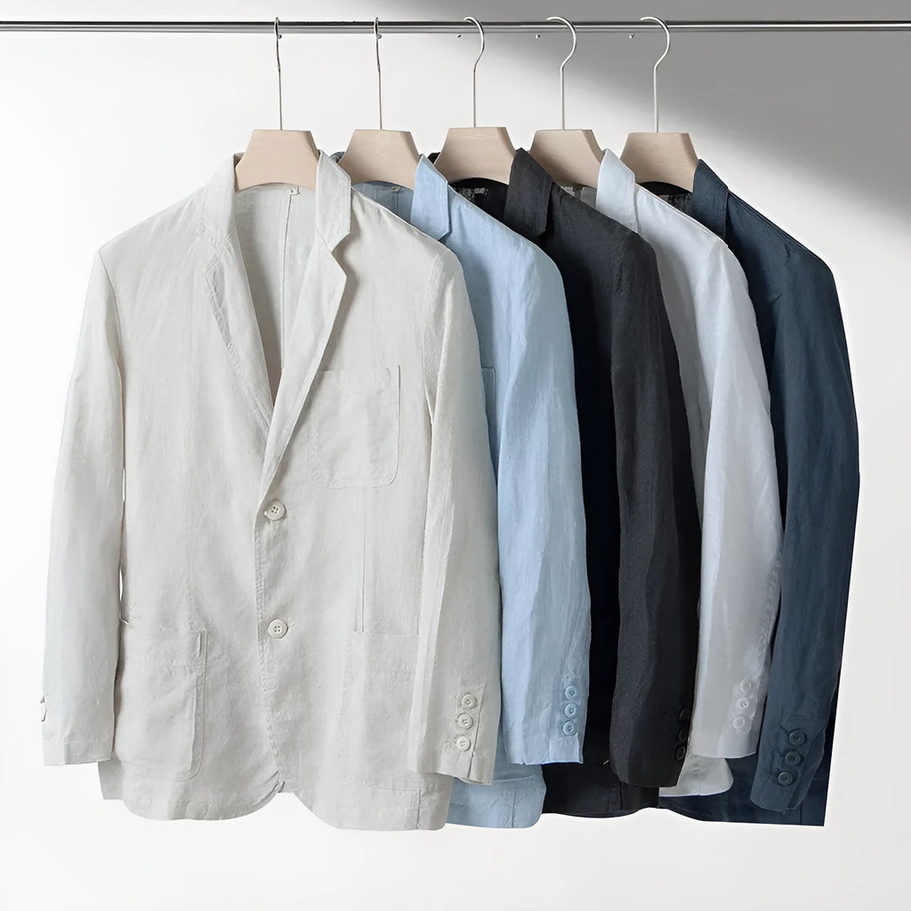 A man's casual linen suit jacket in a solid colour, shown with long sleeves and a loose fit.