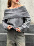 Grey off-the-shoulder strapless pullover sweater with 3D pattern and regular sleeves