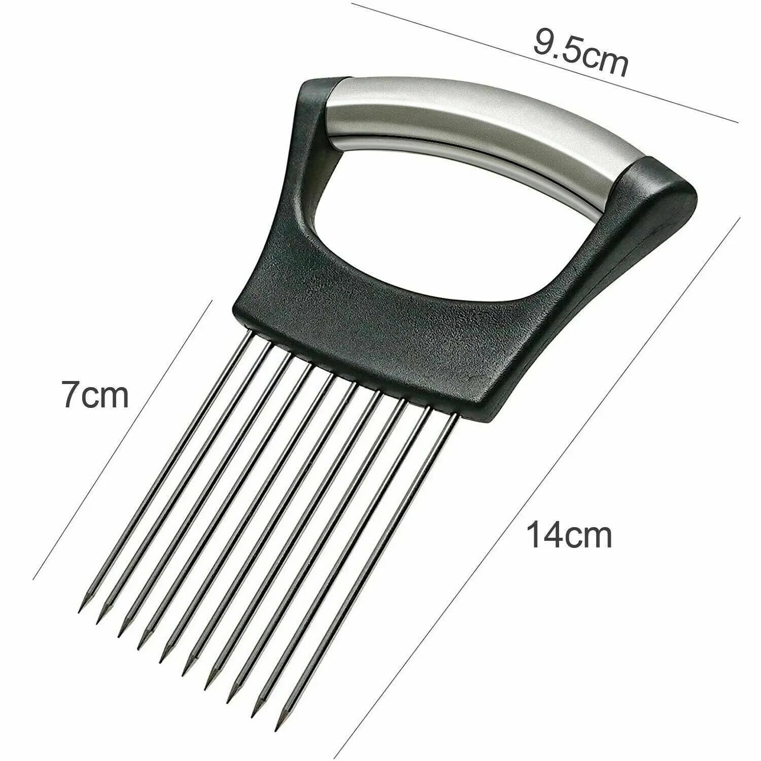 Stainless steel onion holder and vegetable slicer tool with ABS handle on a kitchen counter.