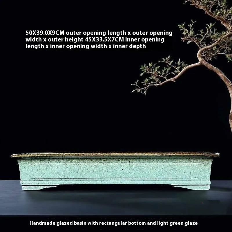 Green handmade ceramic bonsai pot with retro purple sand crackled glaze