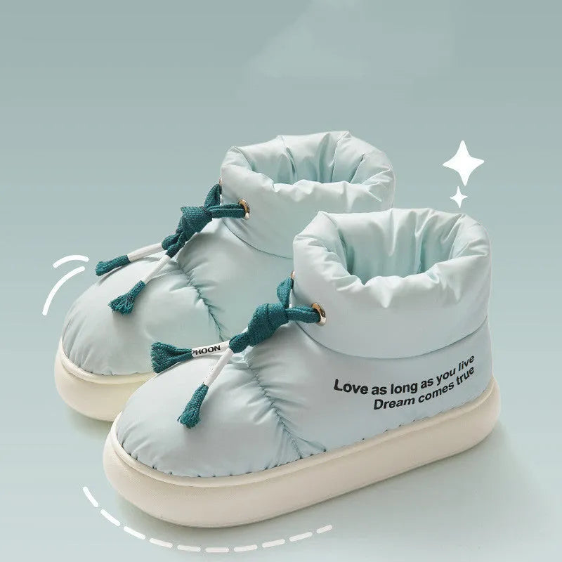 Winter drawstring cotton shoes for women in cream colour with thick plush lining and EVA sole