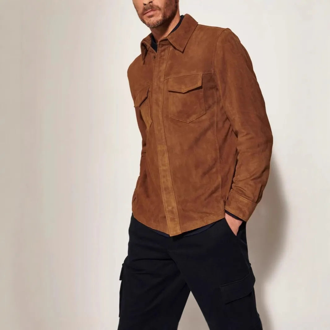 Noah Suede Shirt Jacket men's coat in brown, red, or green, polyester fibre, regular length, sizes S to XXXL.