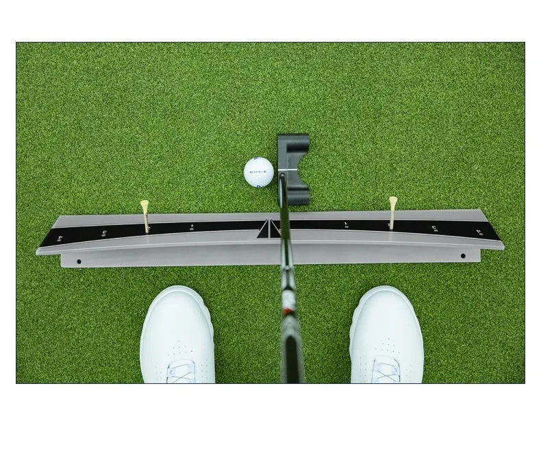 Golf putter trajectory balance simulator with adjustable push rod training aid