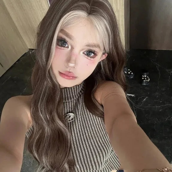 Long curly lace front wig in gray and gold dyed colour for ladies