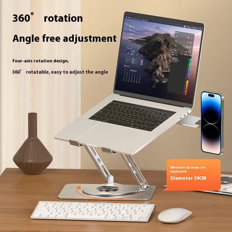 Silver carbon steel laptop stand with rotating platform and side-mounted magnetic phone holder
