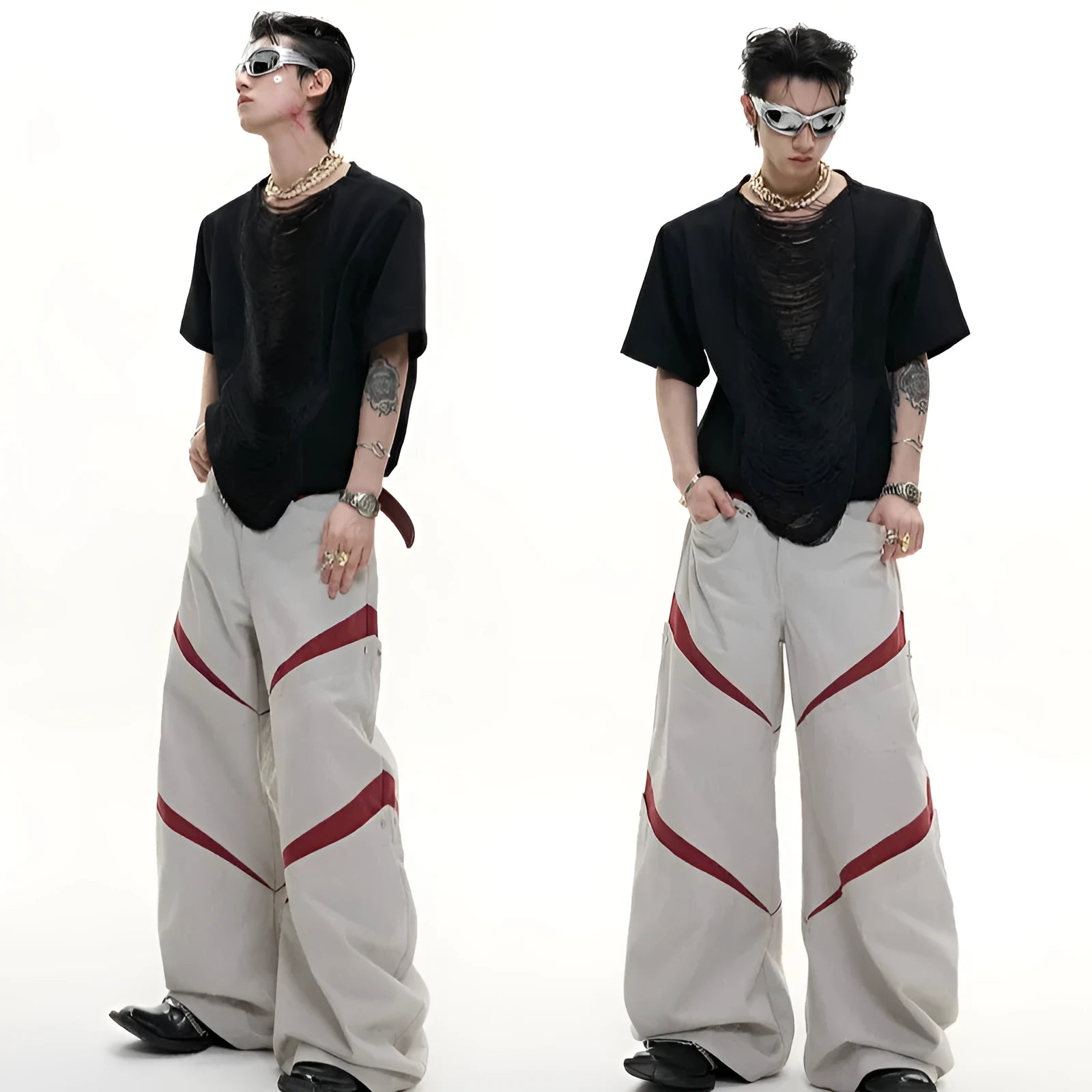 Men's black loose fit t-shirt with hollow out V-neck collar and short sleeves