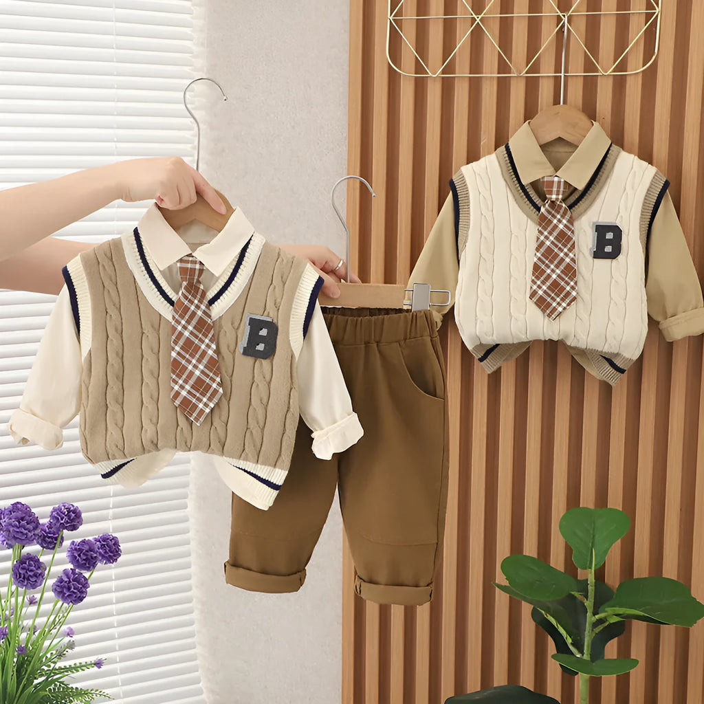 Boys autumn three-piece suit with tie B-shaped sweater pattern, cotton top, trousers, and beige or khaki vest.
