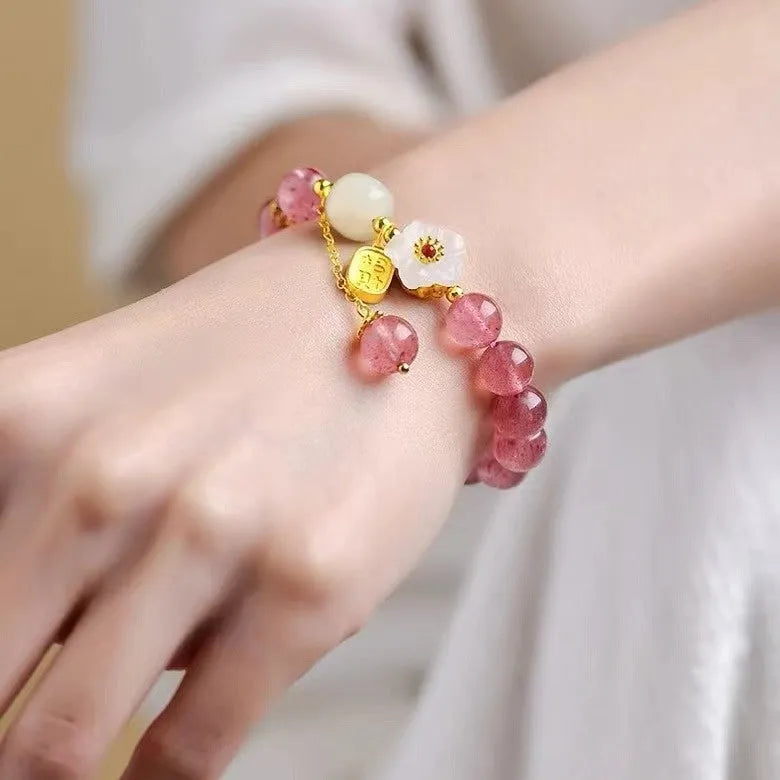 Handmade strawberry quartz crystal bracelet for girls with natural crystal beads and moon charms