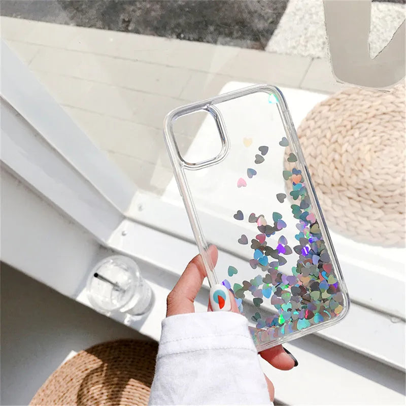 Quicksand Flowing Love silicone phone case soft TPU bumper with transparent back and pink love design for Apple iPhone