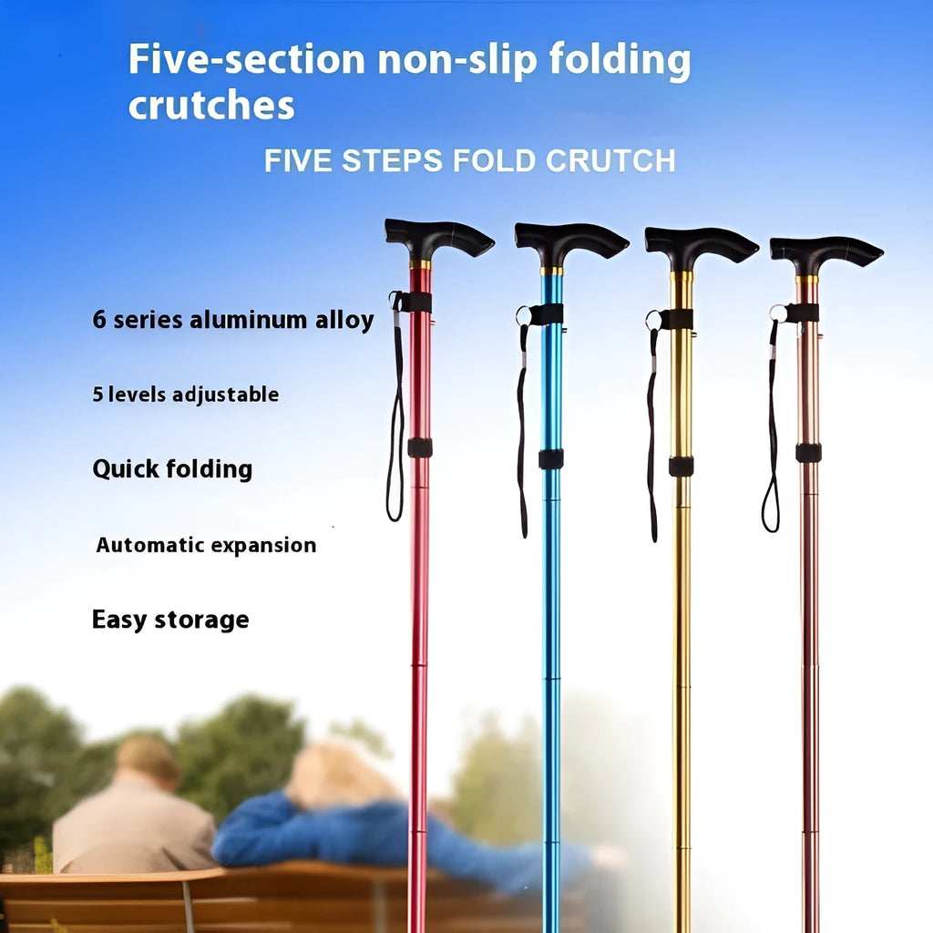 Aluminium folding walking stick with adjustable length and non-slip handle in six colour options