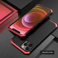 Metal screw hard shell phone case in black with red piping option for iPhone