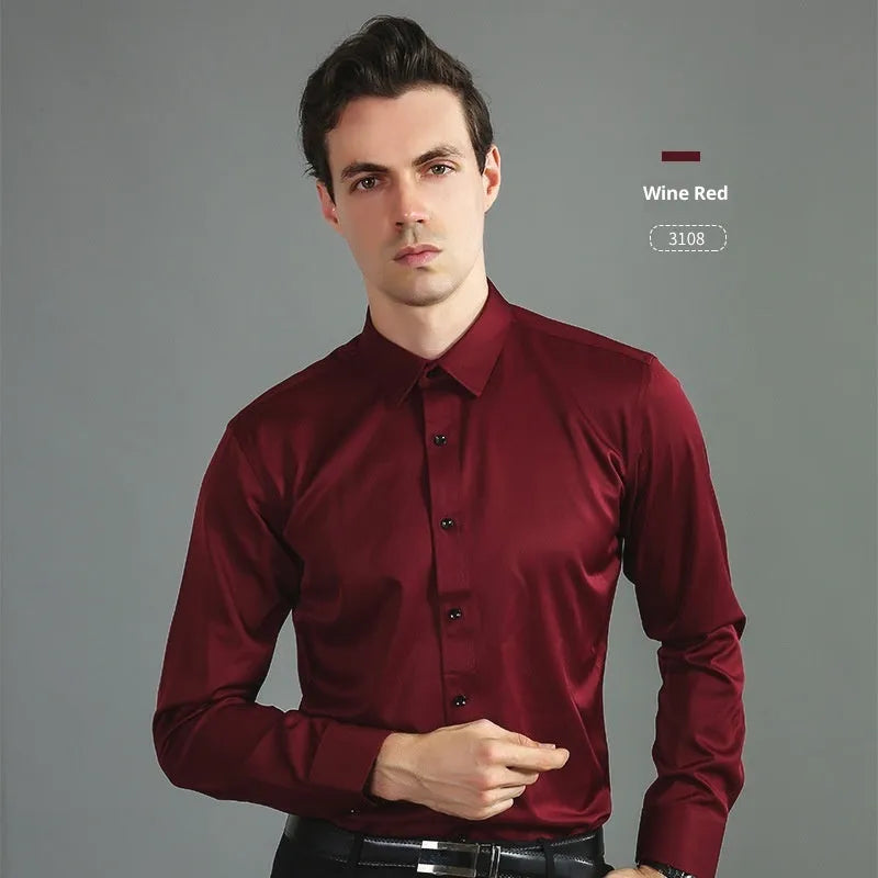 Casual four-way stretch long sleeve shirt in solid colour, slim fit cardigan style with 60 count synthetic fibre fabric