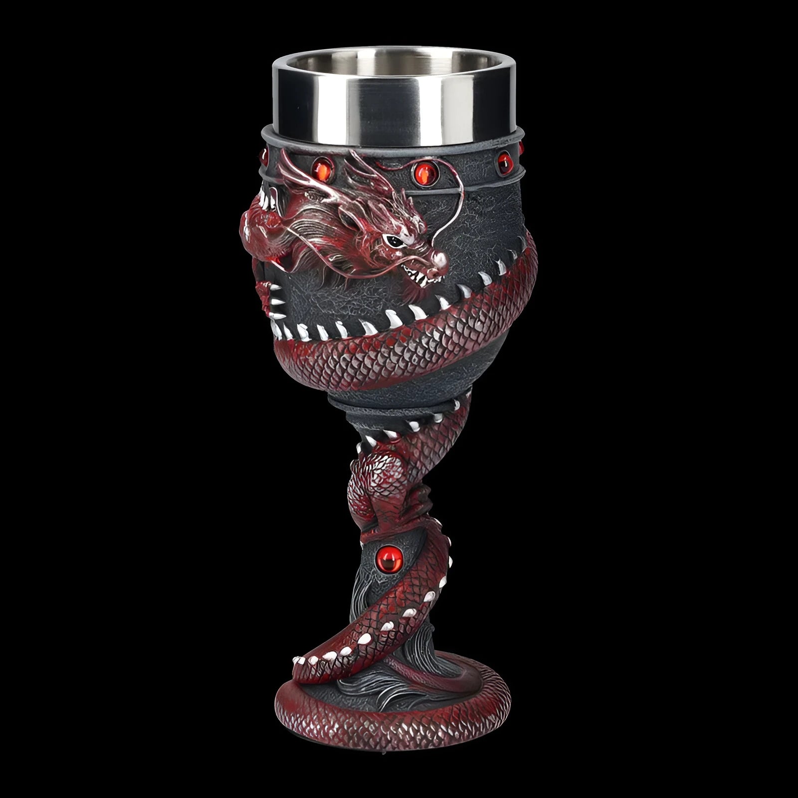 Red wine glass with Chinese dragon 3D resin decoration on stainless steel stem, 200ml capacity