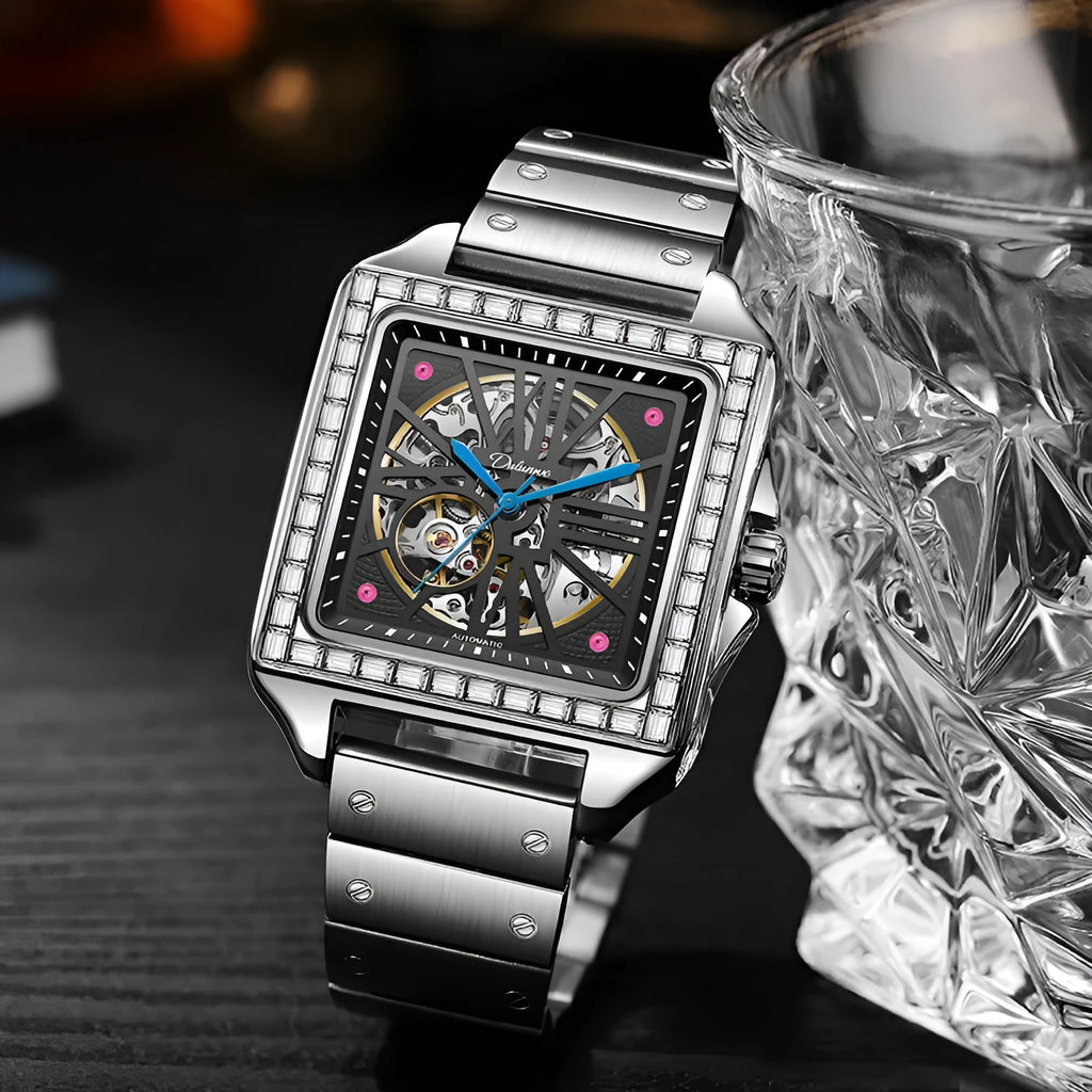Men's square automatic watch with diamond detailing on steel belt