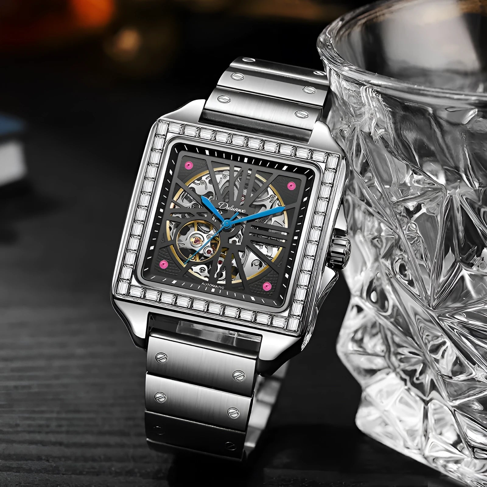 Men's square automatic watch with diamond detailing on steel belt