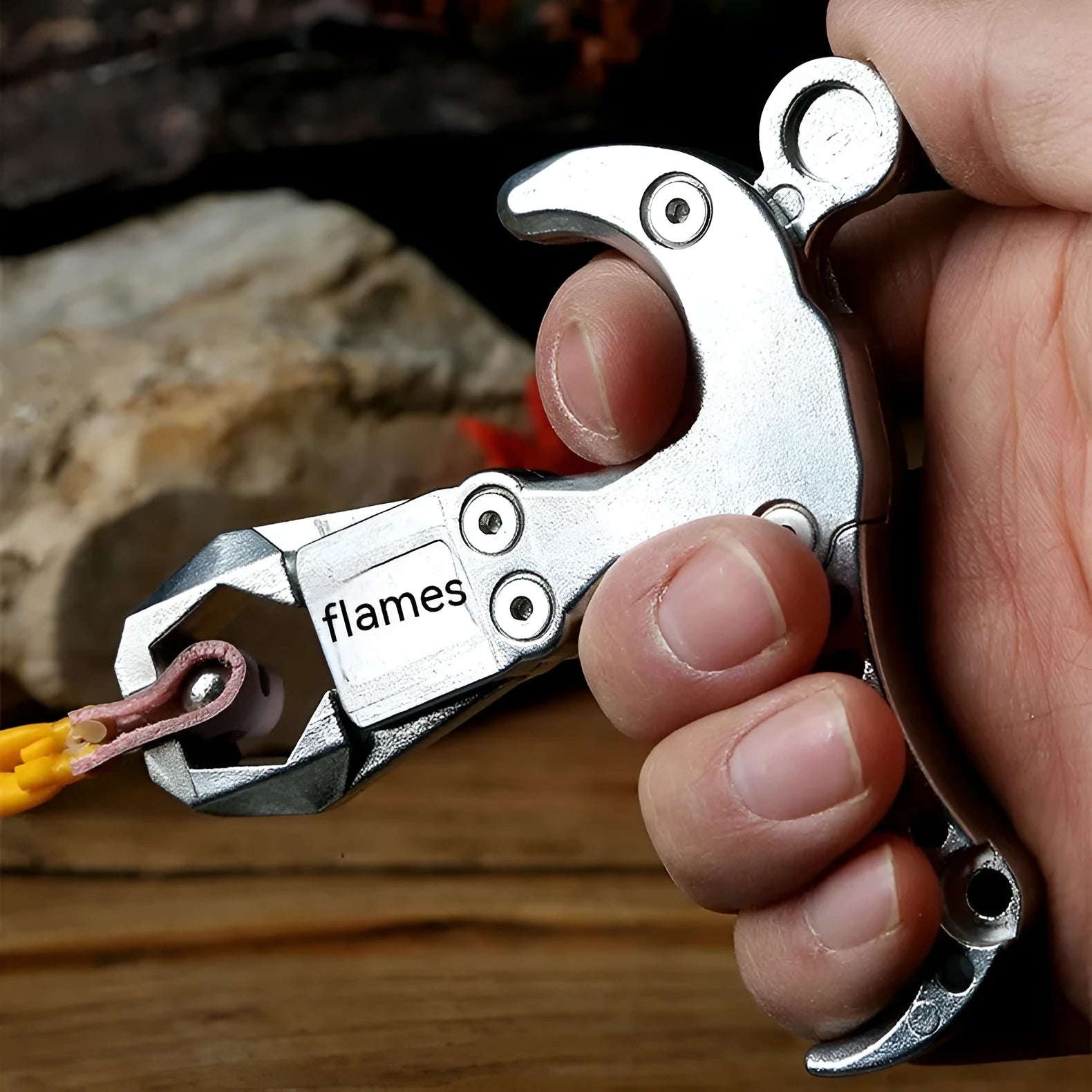 Close-up of a zinc alloy two-axis harpoon clip release aid with stainless steel mechanism.